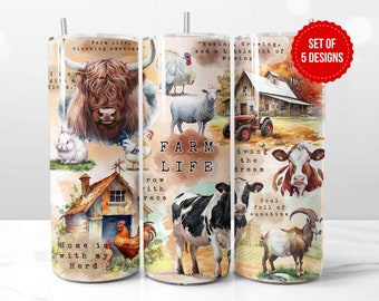 Farm Life Tumbler Wrap Sublimation Design, Skinny 20oz Straight Tumbler PNG Template, Highland Cow, Chikens, Sheeps and Goats Farm Animals