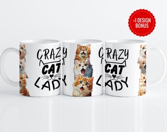May include: White ceramic mug with a black and white design that says "Crazy Cat Lady" with a cartoon cat face and multiple cats surrounding the text.