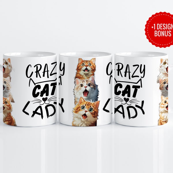 Crazy Cat Lady mok wrap sublimatie sjabloon, 11oz & 15oz ontwerpen, grappige kat cadeaus voor vrouwen Cricut mok druk op PNG, digitale download