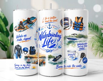Wakeboarding Tumbler Wrap PNG, Watercolor Watersports 20oz Skinny Tumbler Sublimation Design, Digital Download