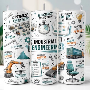 Puede incluir: Un vaso cilíndrico blanco con un diseño envolvente de temas de ingeniería industrial, que incluye un brazo robótico, un cronómetro, un camión de carga y varias herramientas, acompañado de textos como Industrial Engineering y Optimize Every Step.