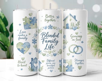Blended Family Tumbler Wrap PNG, Watercolor Puzzle 20oz Skinny Tumbler Sublimation Design, Digital Download