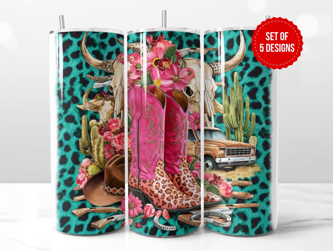 Turquoise Cowgirl Cowhide Pink Boots Tumbler Wrap Sublimation Design ...