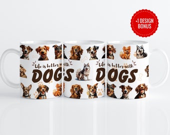 May include: Three white ceramic mugs with a design of various dog breeds and the text "Life is better with DOGS".