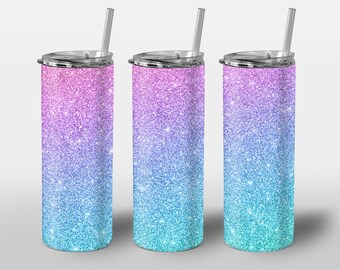 Colorful Glitter Tumbler Wrap PNG, Rainbow Ombre 20oz Skinny Tumbler Sublimation Design, Digital Download