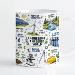 Puede incluir: Una taza de cerámica blanca con ilustraciones coloridas de temas ambientales y de ingeniería, incluyendo una turbina eólica, paneles solares, un microscopio, un casco amarillo y el texto Engineering a Greener World, Protect Our Future y Preserve the Earth.