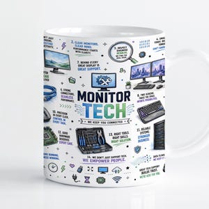 Peut inclure: Un mug en céramique blanche orné d'un motif graphique coloré avec le texte MONITOR TECH WE KEEP YOU CONNECTED. L'impression comprend diverses illustrations de matériel informatique, des icônes et des conseils techniques numérotés.