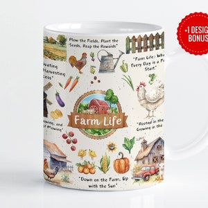 May include: White ceramic mug with a colorful illustration of farm life. The mug features a red barn, chickens, vegetables, and text that reads "Farm Life".