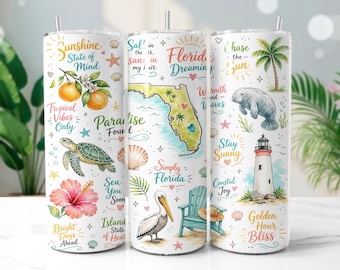Florida Beach Tumbler Wrap PNG, Tropical Coastal 20oz Skinny Tumbler Sublimation Design, Digital Download