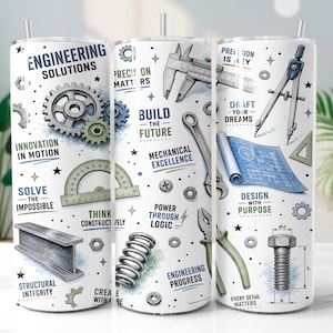 Puede incluir: Un vaso cilíndrico blanco con pajita que presenta ilustraciones de ingeniería, incluyendo engranajes, un calibrador, un plano, un perno y un resorte. El texto incluye Engineering Solutions, Build the Future y Precision is Key.