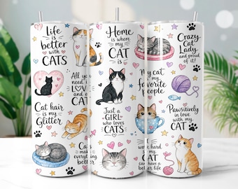 Cat Lover Tumbler Wrap PNG, Cute Watercolor Kittens 20oz Skinny Tumbler Sublimation Design, Digital Download