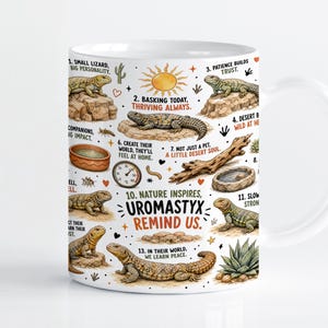 May include: A white ceramic mug featuring a colorful illustration of Uromastyx lizards, desert elements, and numbered text. The design includes various lizard poses on rocks, a sun, a thermometer, and text reading Nature Inspires, Uromastyx Remind Us.