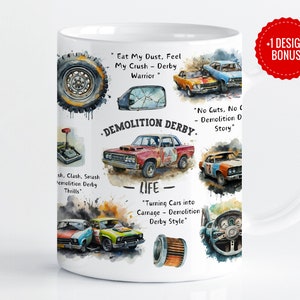 Demolition Derby Mug Wrap Sublimation Template, 11oz & 15oz Designs, Muscle Crashing Cars Trucks Cricut Mug Press PNG, Digital Download