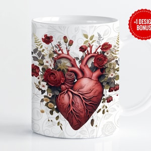 Rosen Herz Becher Wrap Sublimationsvorlage, 11 Unzen 15 Unzen Designs, Cricut Mug Press PNG Wrap, Vorlage für digitalen Download