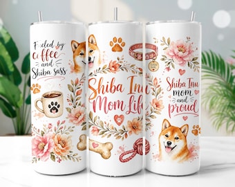 Shiba Inu Mom Tumbler Wrap PNG, Floral Dog Lover 20oz Skinny Tumbler Sublimation Design, Digital Download