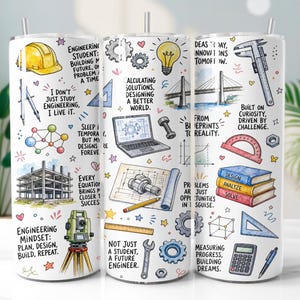 Op de afbeelding: Een witte cilindrische beker met een kleurrijke print in het thema techniek, met illustraties van een helm, laptop, brug, tandwielen, boeken en gereedschap. De tekst bevat zinnen zoals Engineering Student en Engineering Mindset.