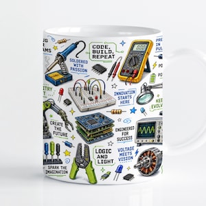 May include: A white ceramic mug featuring a colorful engineering-themed print with illustrations of a soldering iron, multimeter, breadboard, robotic arm, oscilloscope, and motor. Text includes "Code, Build, Repeat," "Soldered with Passion," and "Create the Future."