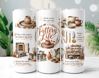 Pottery Life Tumbler Wrap PNG, Ceramic Artist 20oz Skinny Tumbler Sublimation Design, Digital Download