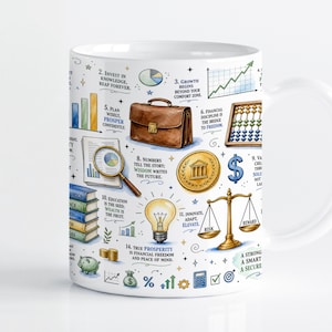 Può includere: Una tazza in ceramica bianca con un collage illustrato e colorato di icone aziendali e finanziarie, tra cui una valigetta marrone, una moneta d'oro, una lampadina, una bilancia della giustizia, un abaco e pile di libri, con testo numerato.