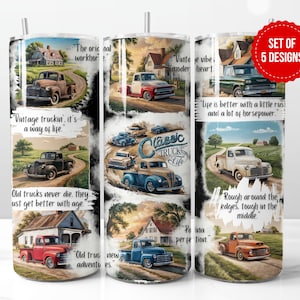 Könnte beinhalten: Satz von fünf Becherdesigns mit Vintage-Lastwagen vor rustikalen Hintergründen und inspirierenden Zitaten. Die Zitate lauten: "Das Original-Arbeitstier", "Vintage-Truckin', es ist eine Lebensart", "Das Leben ist besser mit etwas Rost und viel Leistung", "Rau an den Rändern, robust in der Mitte", und "Perfektion".