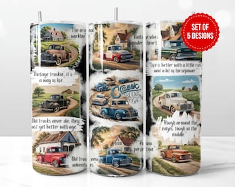 Classic Trucks Life Vintage Pickup Lovers Tumbler Wrap Sublimation Design, Skinny 20oz Straight Tumbler PNG Template, Digital Download