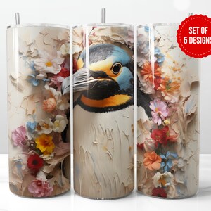 3D Floral Penguin Tumbler Wrap Sublimation Design, Skinny 20oz Straight Tumbler PNG Template, Digital Download