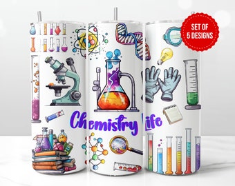 May include: Set of five colourful tumbler designs featuring science and chemistry themed illustrations. The designs include beakers, test tubes, a microscope, a light bulb, a DNA strand, and the text "Chemistry Life".
