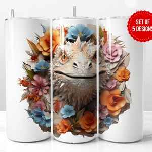 3D Floral Bearded Dragon Tumbler Wrap Sublimation Design, Bearded Dragon Mom Gift, Skinny 20oz Straight Tumbler PNG, Digital Download