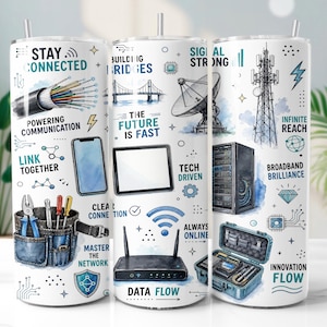 Peut inclure: Un gobelet cylindrique blanc orné d'un motif répétitif d'illustrations de télécommunications et de réseaux, incluant des câbles à fibre optique, une antenne relais, un serveur, un routeur et des outils, avec le texte Stay Connected et Data Flow.