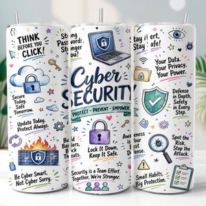 Peut inclure: Un gobelet cylindrique blanc orné d'un motif sur la cybersécurité avec des illustrations d'ordinateur portable, de cadenas, d'une loupe et d'un pare-feu. Le design inclut des textes comme Think Before You Click, Cyber Security et Protect, Prevent, Empower.
