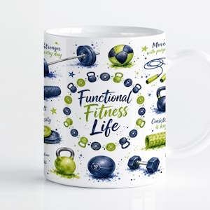 Functional Fitness Mug Wrap Sublimation Design PNG, Watercolor Gym Equipment 11oz & 15oz Cricut Mug Press Template, Digital Download