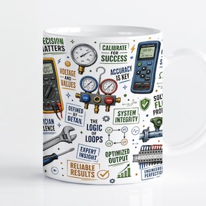 May include: A white ceramic mug featuring a colorful engineering-themed print with various tools, gauges, and technical text including Precision Matters, Calibrate for Success, Accuracy is Key, System Integrity, The Logic of Loops, and Reliable Results.