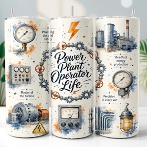 Könnte beinhalten: Ein zylindrischer Becher mit weißem Hintergrund und aquarellartigen Illustrationen von Kraftwerksausrüstung, darunter Messgeräte, Zahnräder, eine Turbine und ein Fabrikgebäude. Der Text lautet Power Plant Operator Life, Powering the grid safely, Master of the turbine, Steadfast energy production und Precision in every volt.