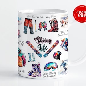 Plantilla de sublimación de envoltura de taza de vida de esquí, diseños de 11 oz y 15 oz, regalos de arte para amantes del esquí en la nieve Cricut Mug Press PNG, descarga digital