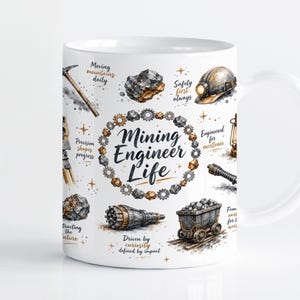 Op de afbeelding: Een witte keramische mok met een centraal cirkelvormig ontwerp van tandwielen en de tekst Mining Engineer Life. Rondom de tekst staan illustraties van een houweel, mijnwerkershelm, mijnkarretje en rotsen met diverse korte zinnen.