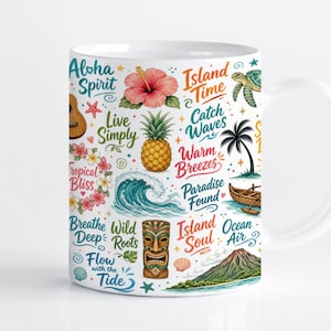 May include: A white ceramic mug featuring a colorful tropical pattern with illustrations of a hibiscus flower, pineapple, sea turtle, palm tree, tiki mask, volcano, and ocean wave, accompanied by text phrases like Aloha Spirit and Island Time.