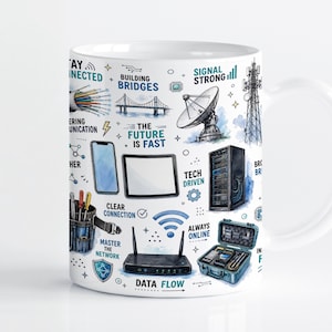 Op de afbeelding: Een witte keramische mok met een kleurrijke grafische print van diverse telecommunicatie- en technologie-iconen, waaronder een satellietschotel, een serverrack, een router, een smartphone en een tablet, met de tekst The Future Is Fast.