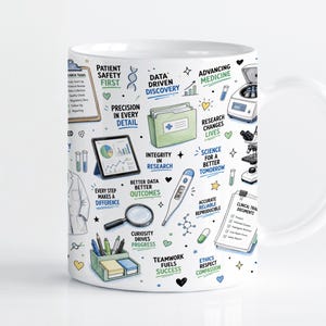 Könnte beinhalten: Ein weißer Keramikbecher mit einem bunten Muster aus wissenschaftlichen und medizinischen Illustrationen, darunter ein Mikroskop, ein Thermometer, ein Tablet und ein Klemmbrett. Der Text enthält Phrasen wie Patient Safety First und Data Driven Discovery.