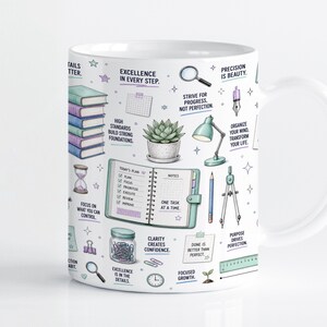 Puede incluir: Una taza de cerámica blanca con un patrón colorido de artículos de oficina, libros, una suculenta y textos motivacionales que incluyen frases como Excellence in Every Step, Precision is Beauty y Today's Plan con una lista de tareas.