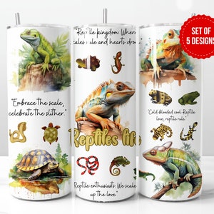 May include: Set of five 20 oz stainless steel tumblers with colorful reptile illustrations and text. The tumblers feature a variety of reptiles, including a chameleon, a turtle, a lizard, and a snake. The text on the tumblers includes quotes about reptiles, such as "Embrace the scale, celebrate the slither." and "Reptile enthusiasts, we scale up the love."