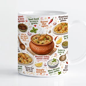 Könnte beinhalten: Ein weißer Keramikbecher mit einer farbenfrohen Illustration von Biryani in einem Tontopf, Reistellern, Gewürzen und Zitronen. Der Text enthält Phrasen wie Biryani today, stress away, Soul food in every grain und Savor the spice in verschiedenen Schriftarten.