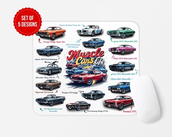 May include: A set of 5 mousepads featuring illustrations of classic muscle cars from the 1960s and 1970s. The mousepads feature a variety of colors, including red, orange, green, blue, and black. The text "Muscle Cars Life" is featured in the center of the mousepads.