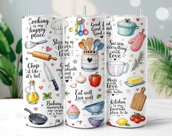 Cooking Enthusiast Tumbler Wrap PNG, Watercolor Kitchen 20oz Skinny Tumbler Sublimation Design, Digital Download