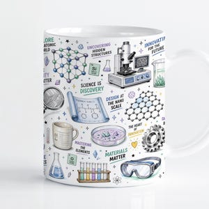 Puede incluir: Una taza de cerámica blanca con un patrón de ilustraciones científicas coloridas. El diseño incluye un microscopio, tubos de ensayo, un vaso de precipitados, un engranaje, gafas de seguridad, estructuras moleculares y varios textos.
