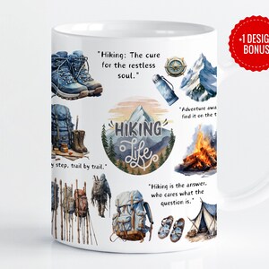 Puede incluir: Taza de cerámica blanca con temática de senderismo. La taza presenta ilustraciones de botas de senderismo, mochilas, una brújula, una fogata y una tienda de campaña. El texto en la taza dice "Senderismo: La cura para el alma inquieta." "La aventura te espera, encuéntrala en el sendero." "El senderismo es la respuesta, ¿a quién le importa cuál es la pregunta?"