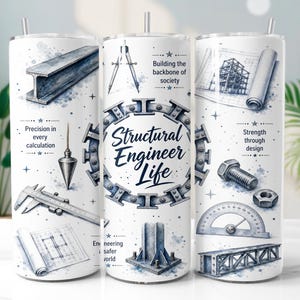 Könnte beinhalten: Ein weißer zylindrischer Becher mit blauen Illustrationen von Ingenieurwerkzeugen wie Messschieber, Senkblei, Winkelmesser und Stahlträgern. Der Text lautet Structural Engineer Life, Precision in every calculation, Building the backbone of society, Strength through design und Engineering a safer world.
