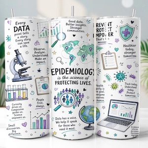 Pode incluir: Três copos cilíndricos brancos com palhinhas, com ilustrações coloridas de microscópios, tubos de ensaio, globos, computadores portáteis e mapas. O texto inclui Epidemiology is the science of protecting lives e outras citações científicas.