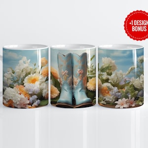 3D Cowgirl Mug Wrap Sublimation Template, 11oz 15oz Designs, Floral Cowgirl Boots Rodeo Cricut Mug Press PNG Wrap, Digital Download Template
