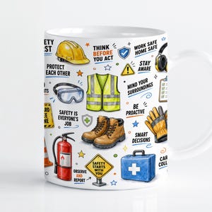 May include: A white ceramic mug featuring a colourful pattern of workplace safety icons and text. Illustrations include a yellow hard hat, safety vest, goggles, work boots, fire extinguisher, first aid kit, and signs with phrases like Think Before You Act.