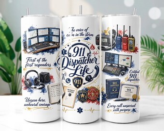 911 Dispatcher Tumbler Wrap PNG, Emergency Responder 20oz Skinny Tumbler Sublimation Design, Digital Download